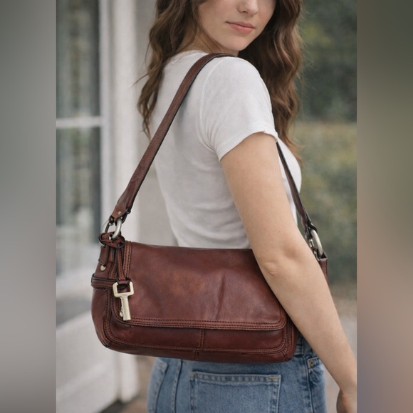 Fossil Handbags - Vintage Fossil Leather Y2K Shoulder Bag Brown Flap Purse Key Charm 75082